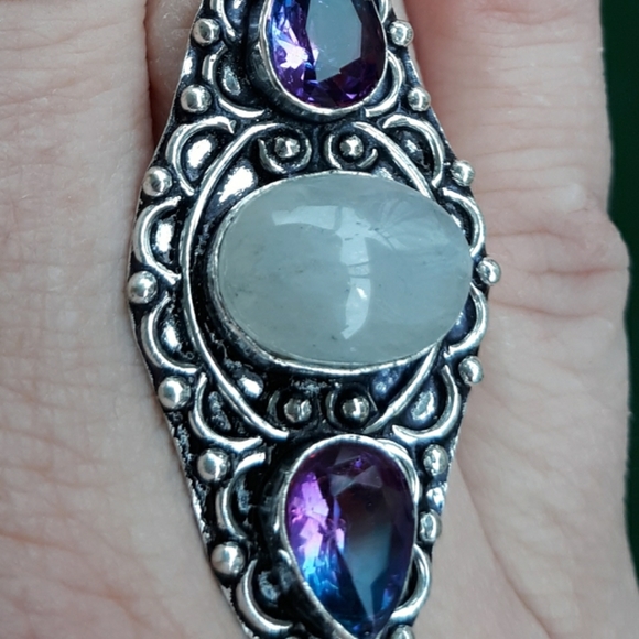 New Rainbow Moonstone & Bicolor Tourmaline 925 Silver Ring. - Picture 8 of 8